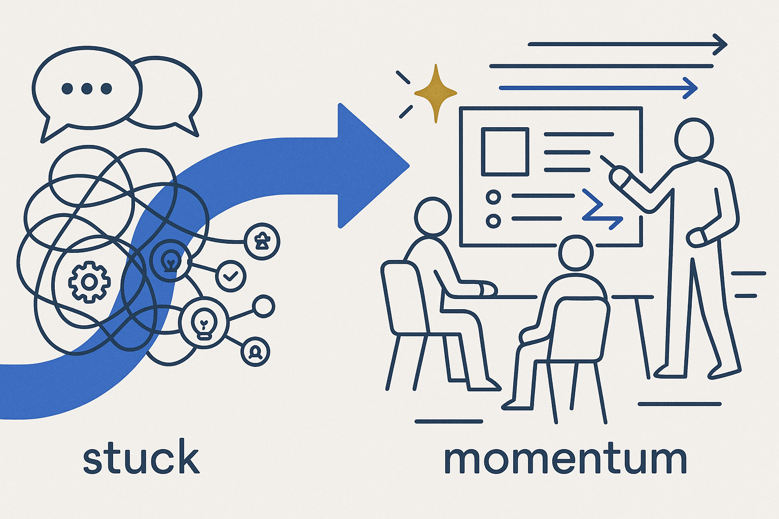 Left: a stuck, tangled knot of nodes and endless meeting bubbles. A bold blue arrow breaks through, with a gold spark at the turning point. Right: a prepared, structured session — a person presenting a clean model to a seated group, with forward-motion arrows.